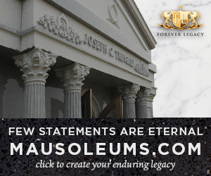 Engraved columns and ornate details on a stone mausoleum. Text: "Few statements are eternal. Discover custom mausoleums at Mausoleums.com." Logo in top right corner.
