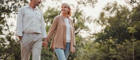 couple walks outdoors