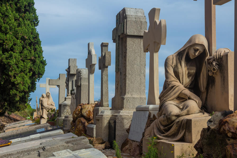 The Montjuïc Cemetery overlooks the Mediterranean Sea in Barcelona.