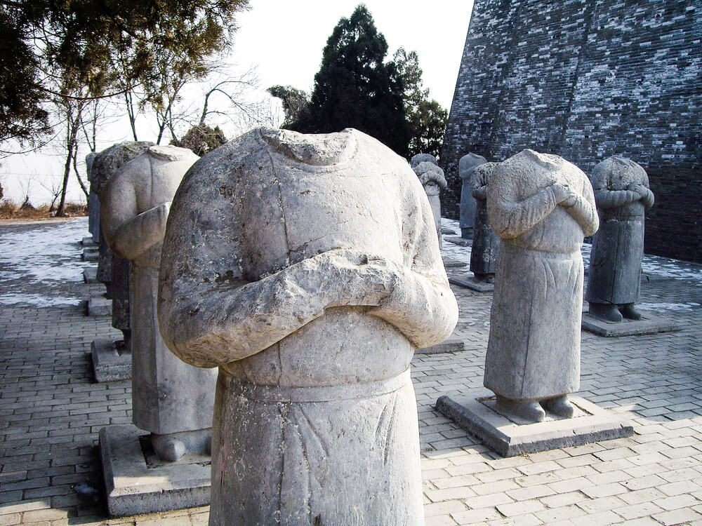 Qianling Mausoleum is surrounded by guardian statues, reflecting imperial authority.